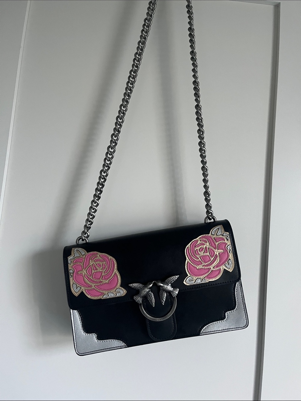 Black Shoulder Bag with Pink Rose Appliqués and Silver Trim